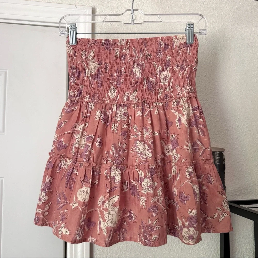 NWT PERRY WALKER pink floral cotton smocked tiered mini skirt - Picture 1 of 6